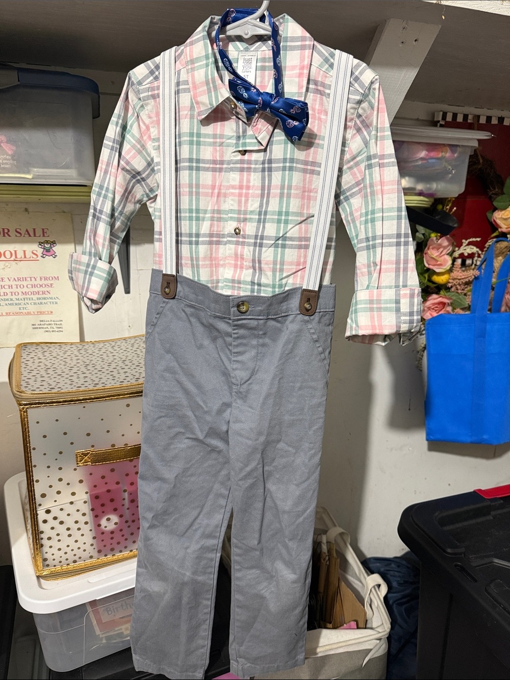Boys Plaid Button-Up Shirt with Gray Suspender Pants